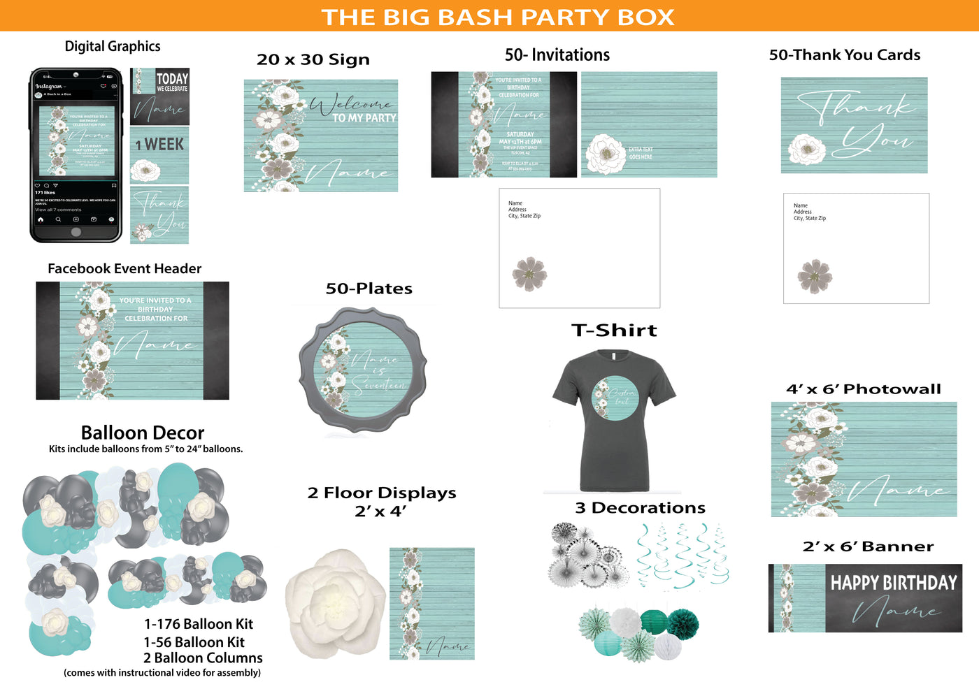 Boho-Teal and Silver - Big Bash Party Box